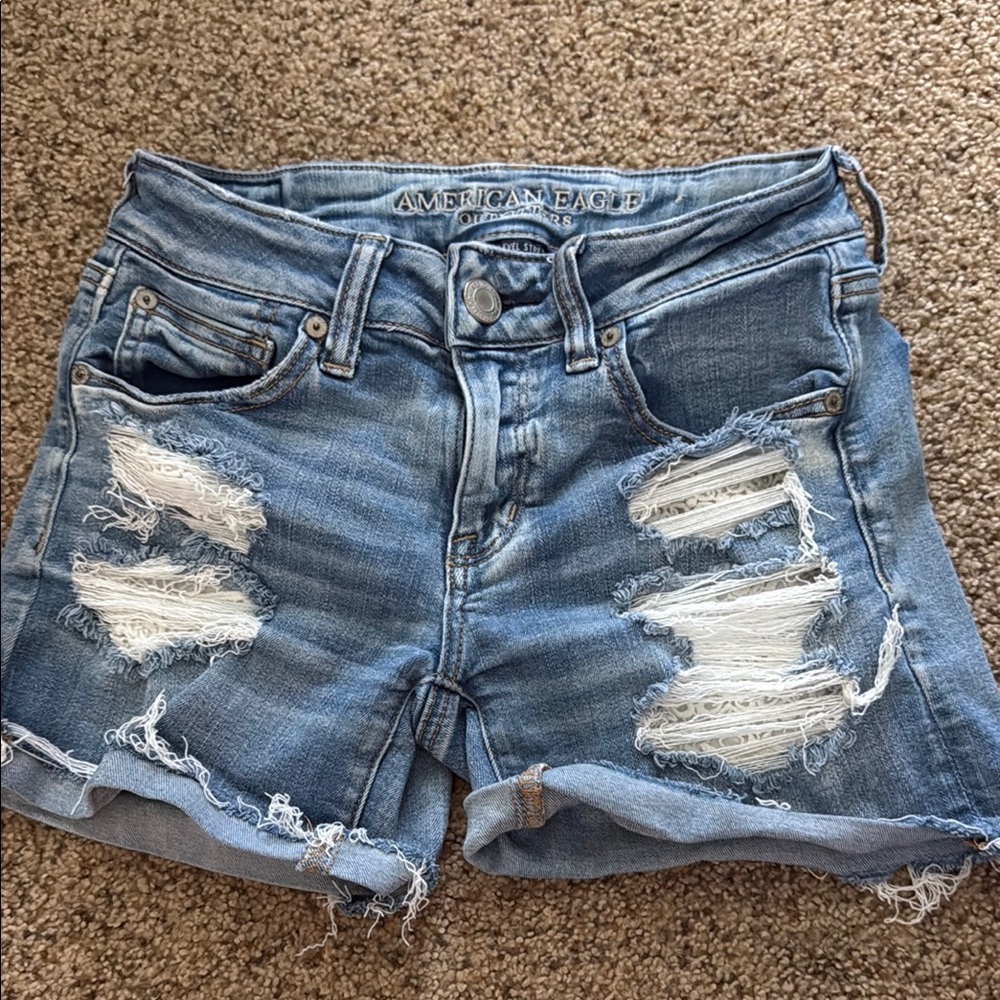 American Eagle Outfitters Blue Distressed Jean Shorts